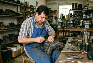 Sapateiro consertando um zíper de bota em Fazenda Rio Grande.