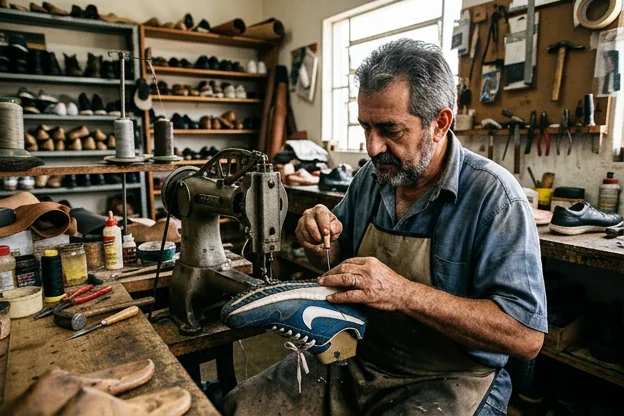 Sapateiro reparando um tênis em Fazenda Rio Grande.