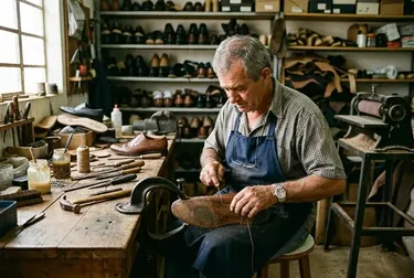 Sapateiro reformando um sapato social em Fazenda Rio Grande.