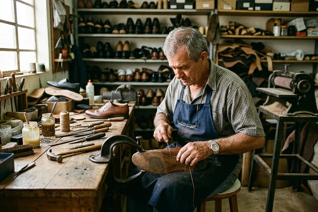 Sapateiro reformando um sapato social em Fazenda Rio Grande.