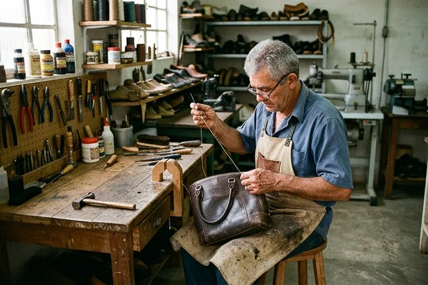 Sapateiro reformando uma bolsa de couro em Fazenda Rio Grande.